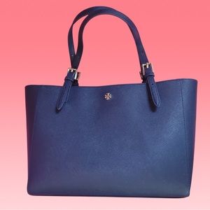 TORY BURCH Chic Girl Boss York Buckle Saffiano Texture Leather Tote Navy Bag